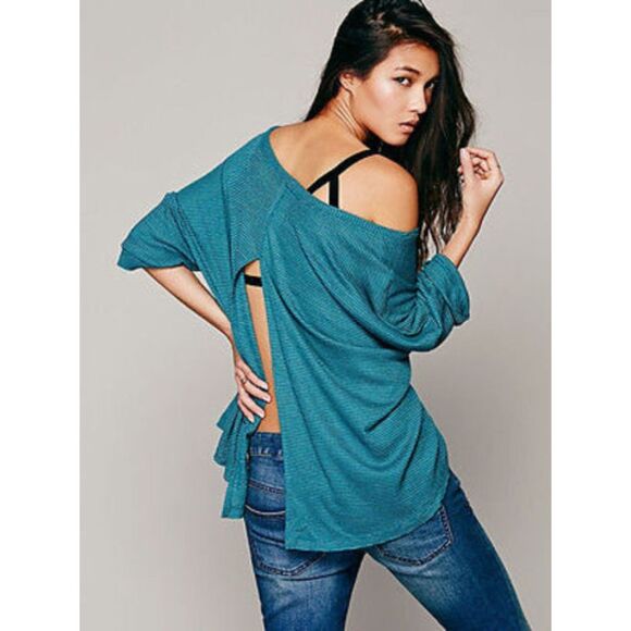 Free People Tops - Free People Slit Back Thermal Knit Top Size Large Turquoise
